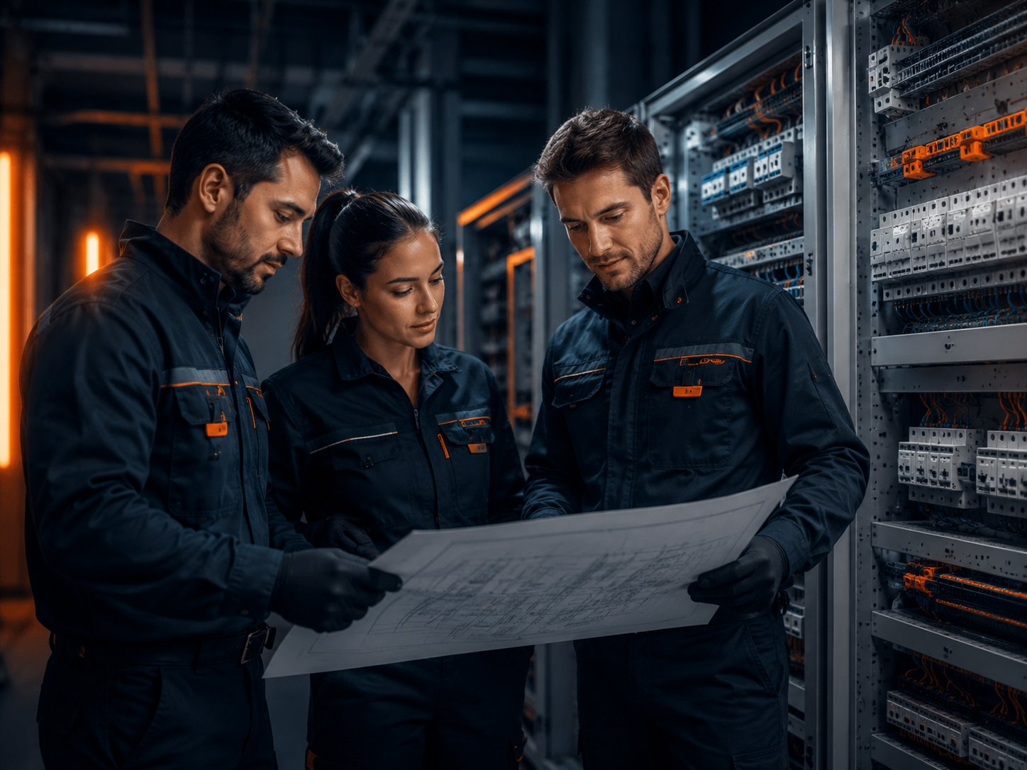 Equipo técnico revisando un proyecto de instalación eléctrica